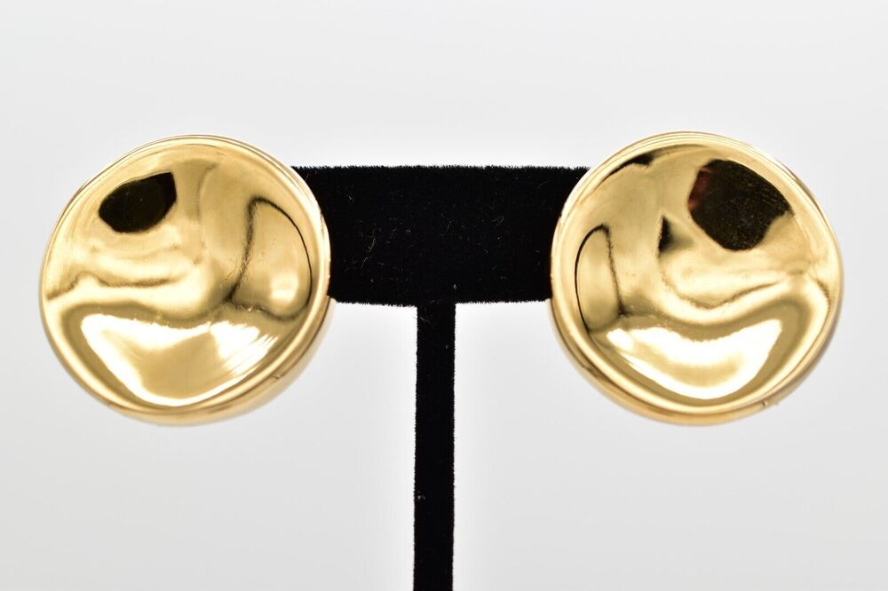Vintage Clip On Earrings Gold Round Button Shiny Heavy Chunky NOS 1980s BinBB